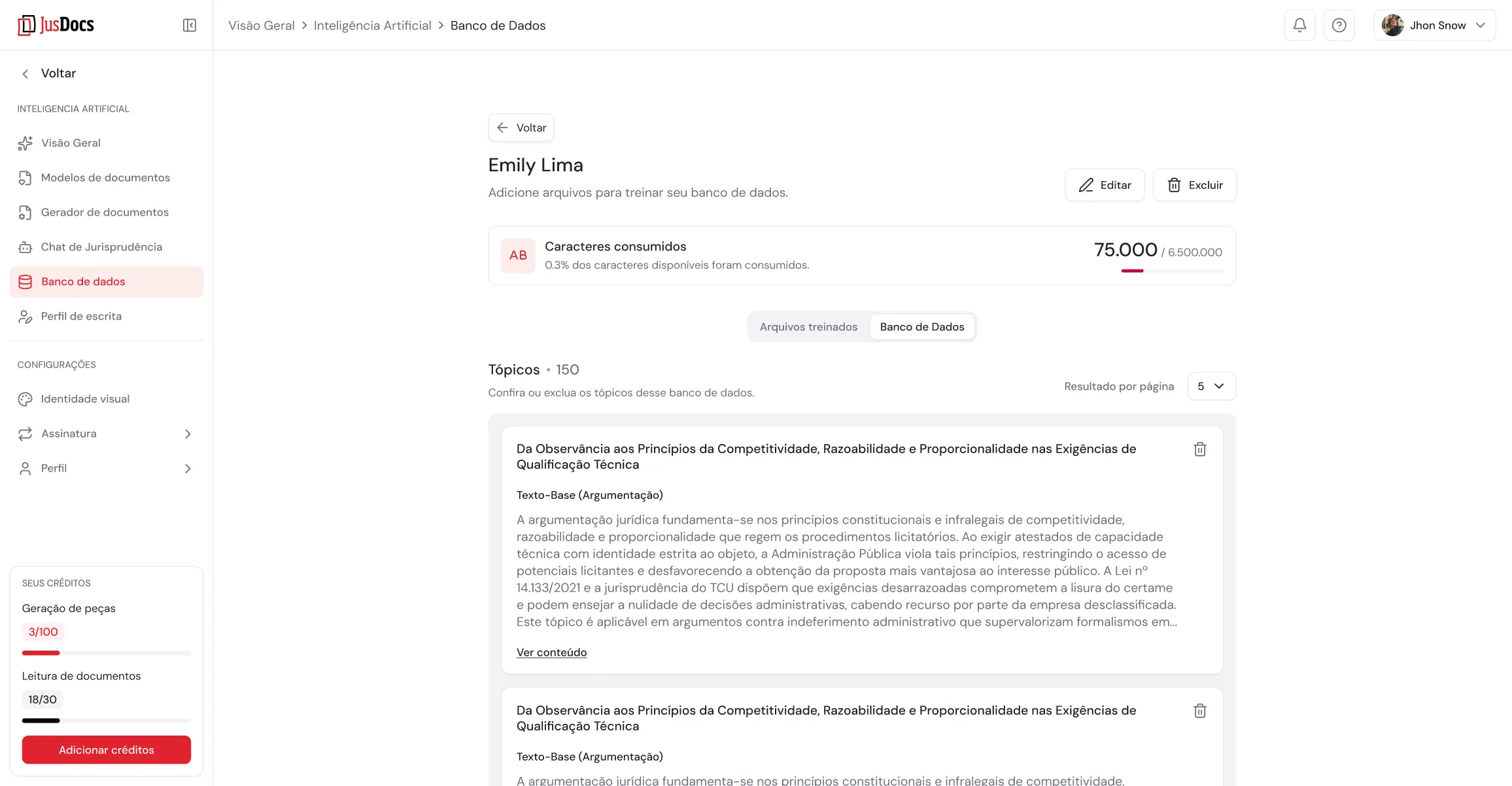 Banco de dados do JusDocs com os tópicos treinados e o consumo de caracteres do escritório