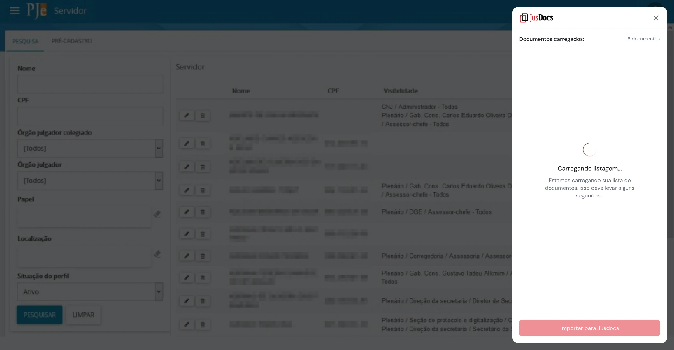 Extensão do JusDocs aberta sobre o PJe carregando a lista de documentos do processo