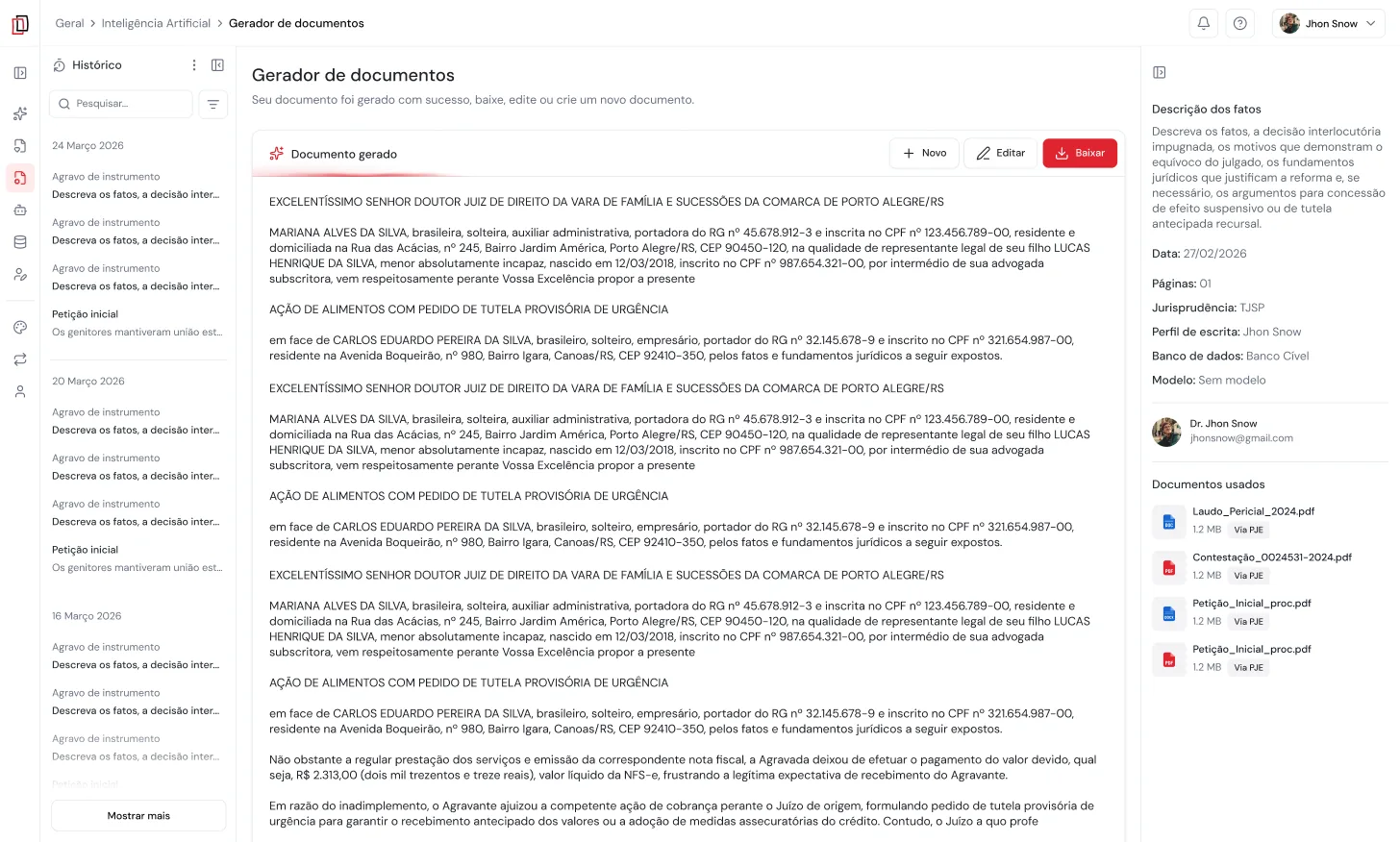 Tela do gerador de documentos do JusDocs com a petição gerada e as opções de baixar, editar ou criar um novo documento
