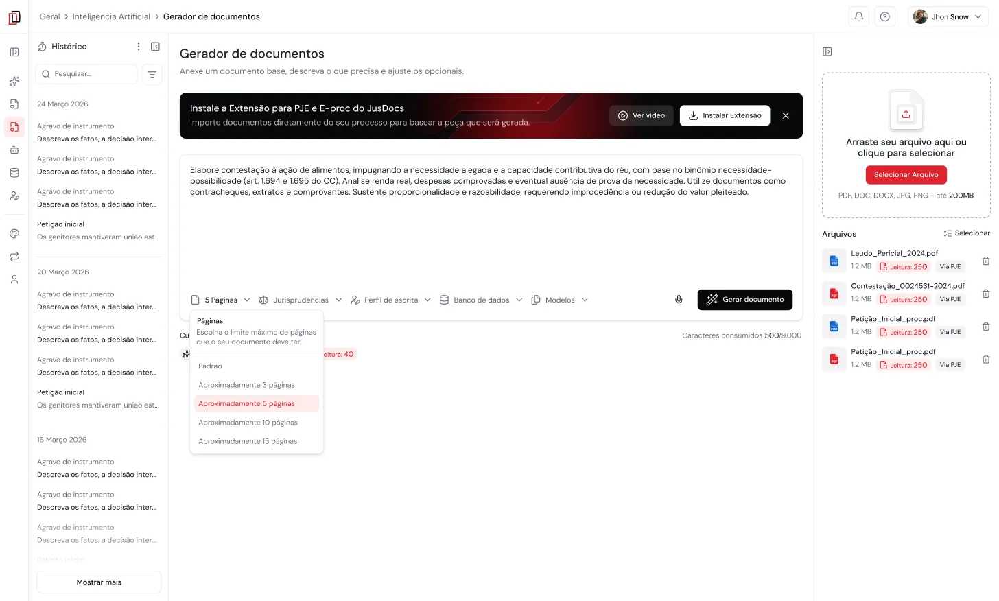 Tela do gerador de documentos do JusDocs com o menu de número de páginas aberto e os arquivos do processo anexados