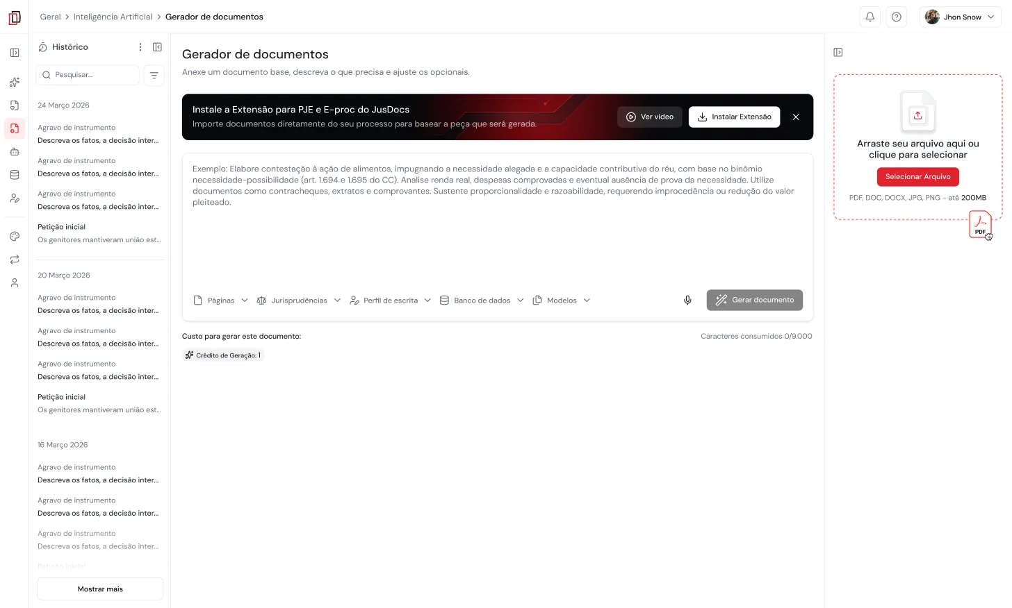 Tela do gerador de documentos do JusDocs com um arquivo PDF sendo arrastado para a área de upload
