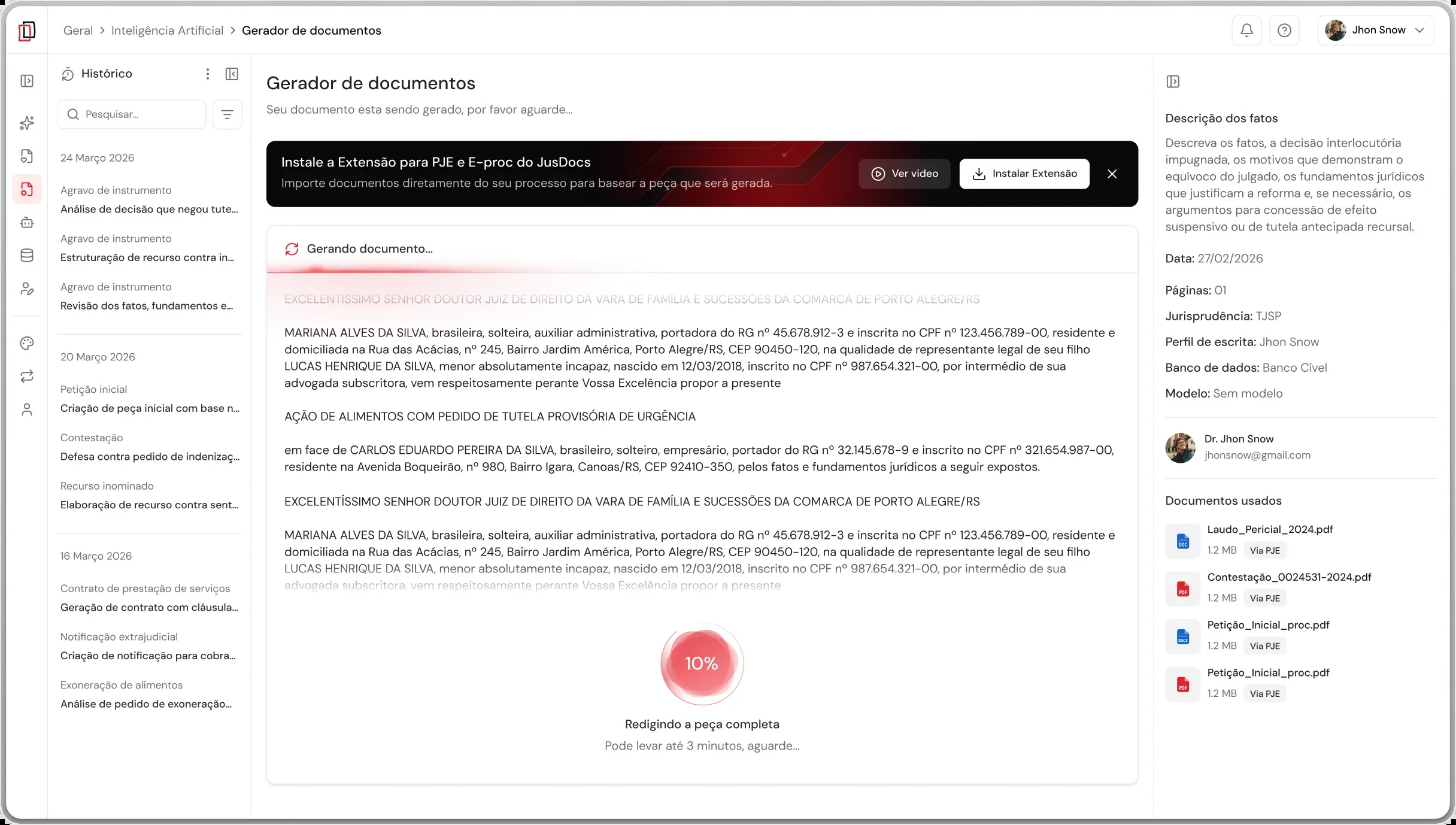 Painel do JusDocs com o histórico de documentos, o banner da extensão e um documento sendo gerado