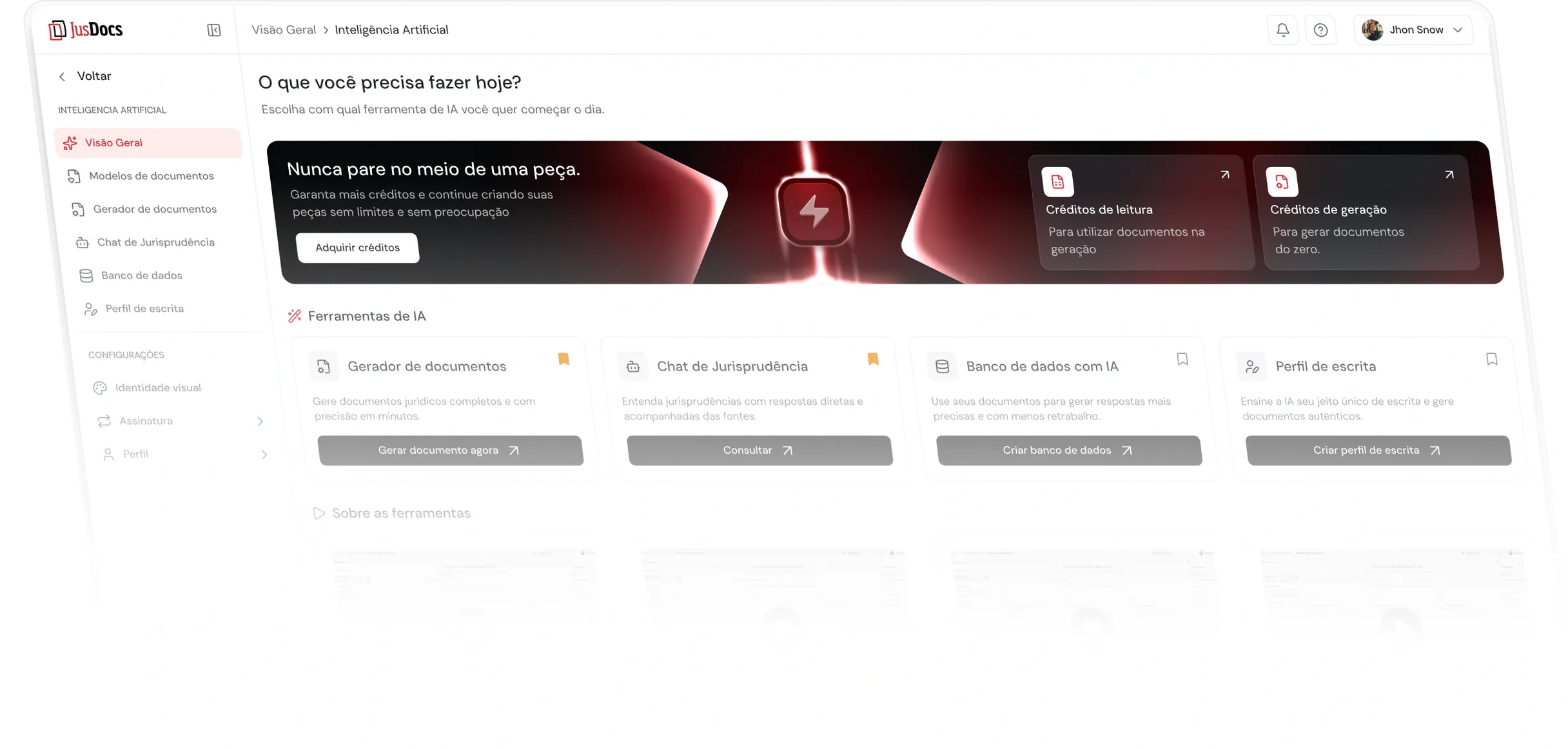 Painel de inteligência artificial do JusDocs com ferramentas para geração de documentos, jurisprudência, banco de dados e perfil de escrita