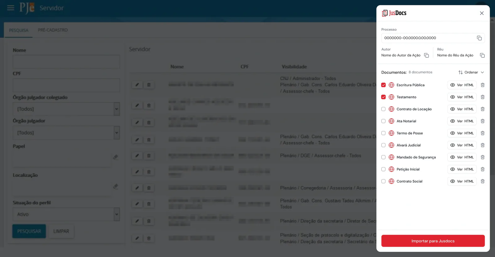 Extensão JusDocs importando documentos do processo
