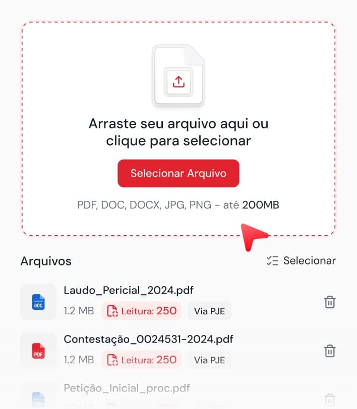 Área de upload do JusDocs com os arquivos do processo anexados à geração