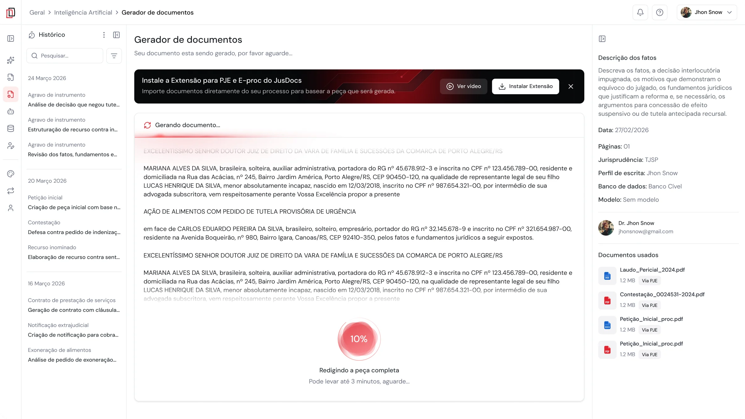 Gerador de documentos do JusDocs criando uma peça jurídica a partir dos autos e das orientações do caso