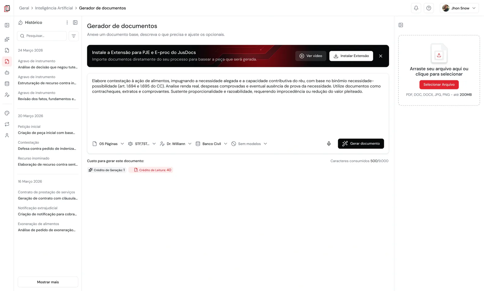 Gerador de documentos do JusDocs com a orientação do caso escrita no campo de texto