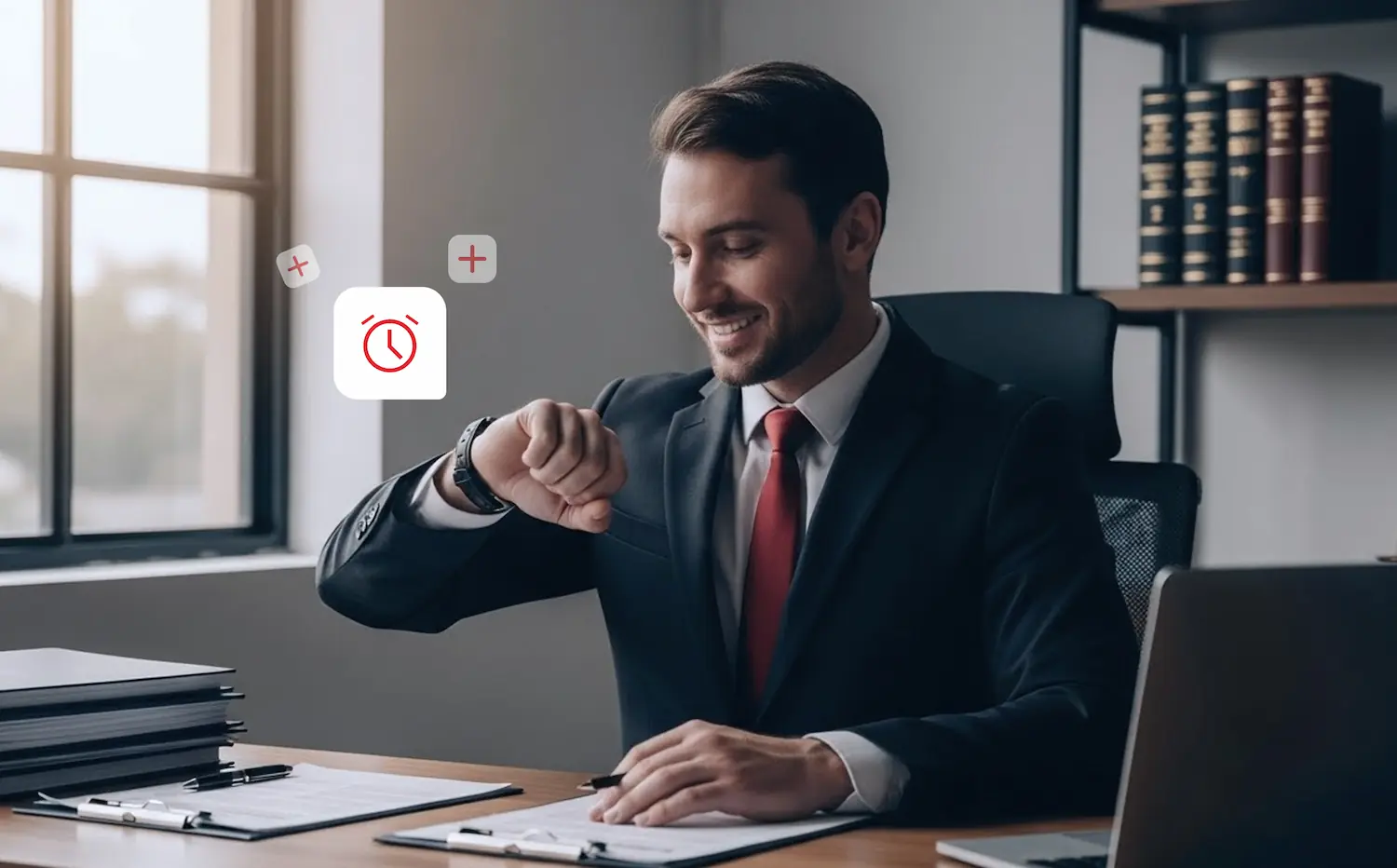 Advogado olhando o relógio satisfeito por economizar tempo