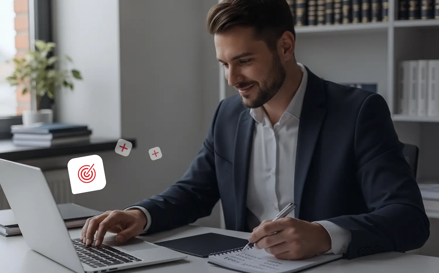 Advogado trabalhando no laptop com foco em precisão