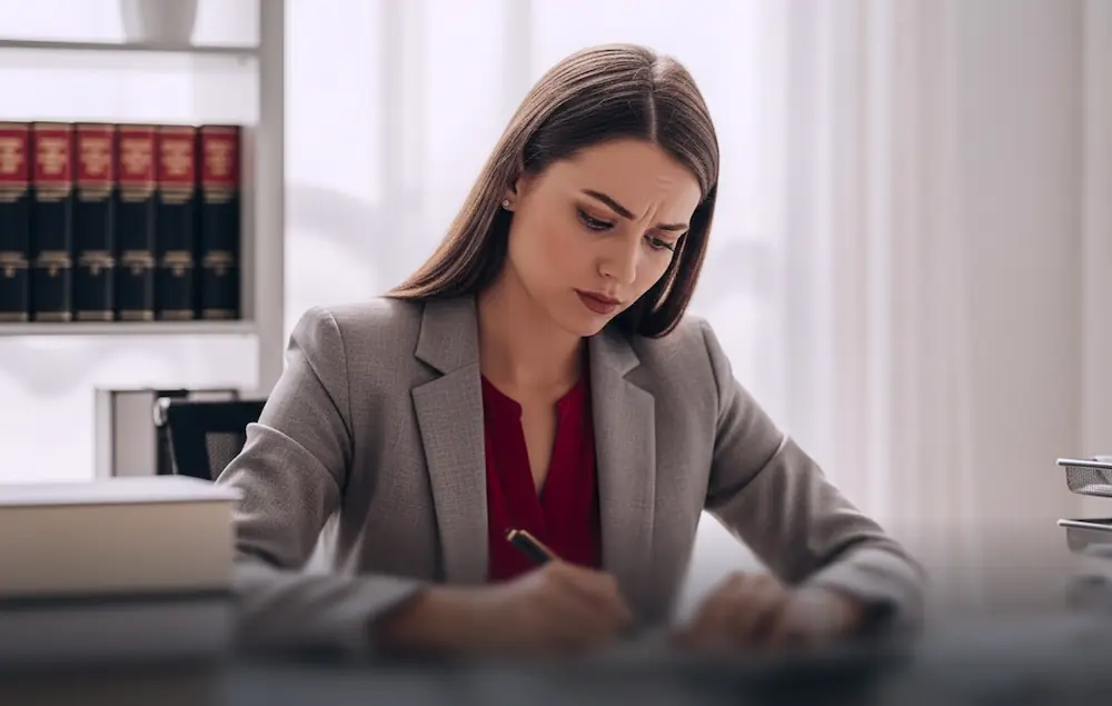 Mulher advogada fazendo cálculos manuais com expressão de preocupação