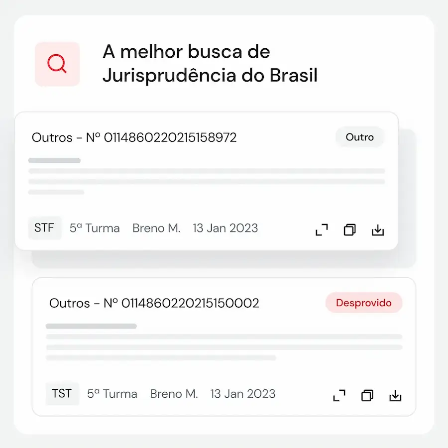 Imagem de interface de usuário exibindo uma busca de jurisprudência no Brasil, com resultados detalhados de casos, filtros de tribunais e uma seção mostrando a probabilidade de êxito em percentuais.