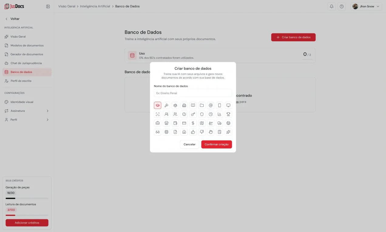 Tela do JusDocs para criar e personalizar um banco de dados jurídico
