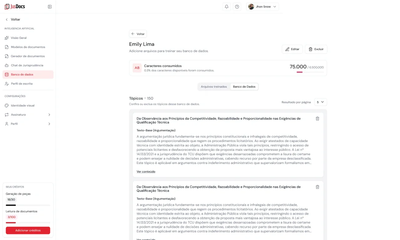 Tela do JusDocs para revisar e gerenciar tópicos de um banco de dados jurídico