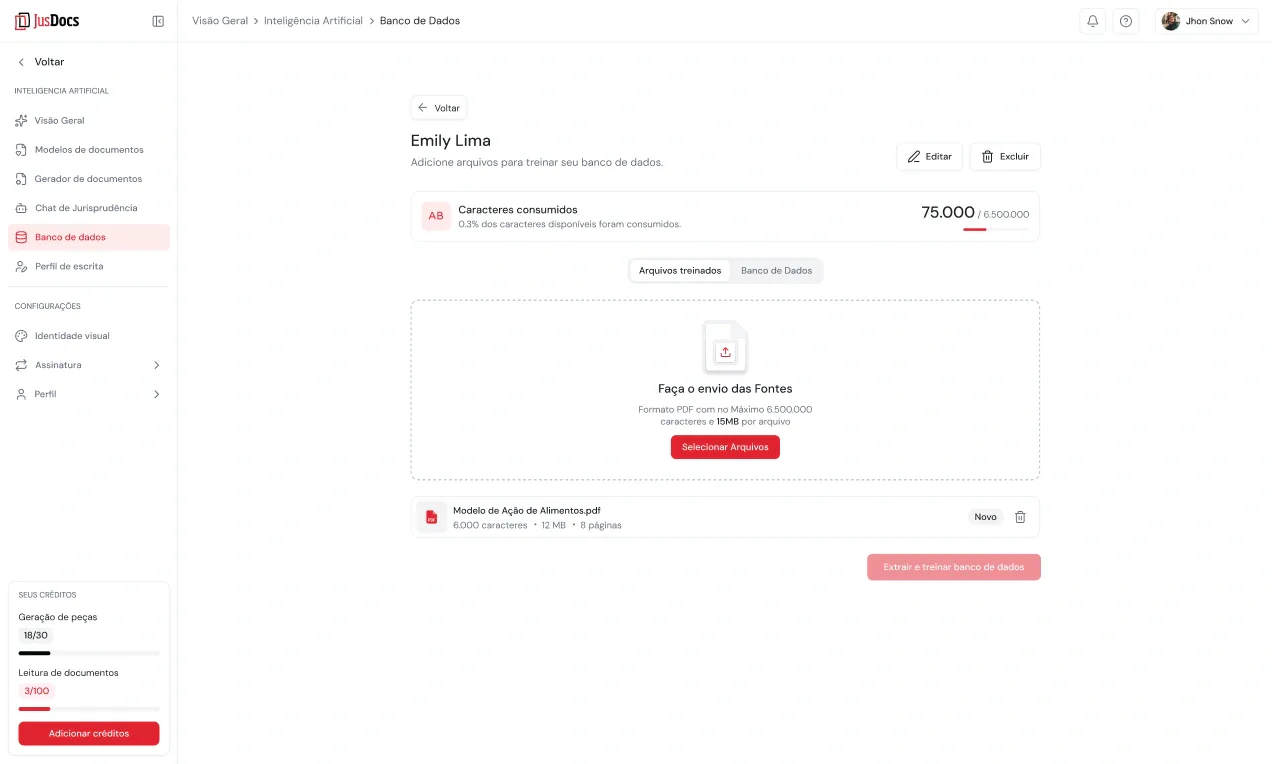 Tela do JusDocs para enviar arquivos a um banco de dados jurídico
