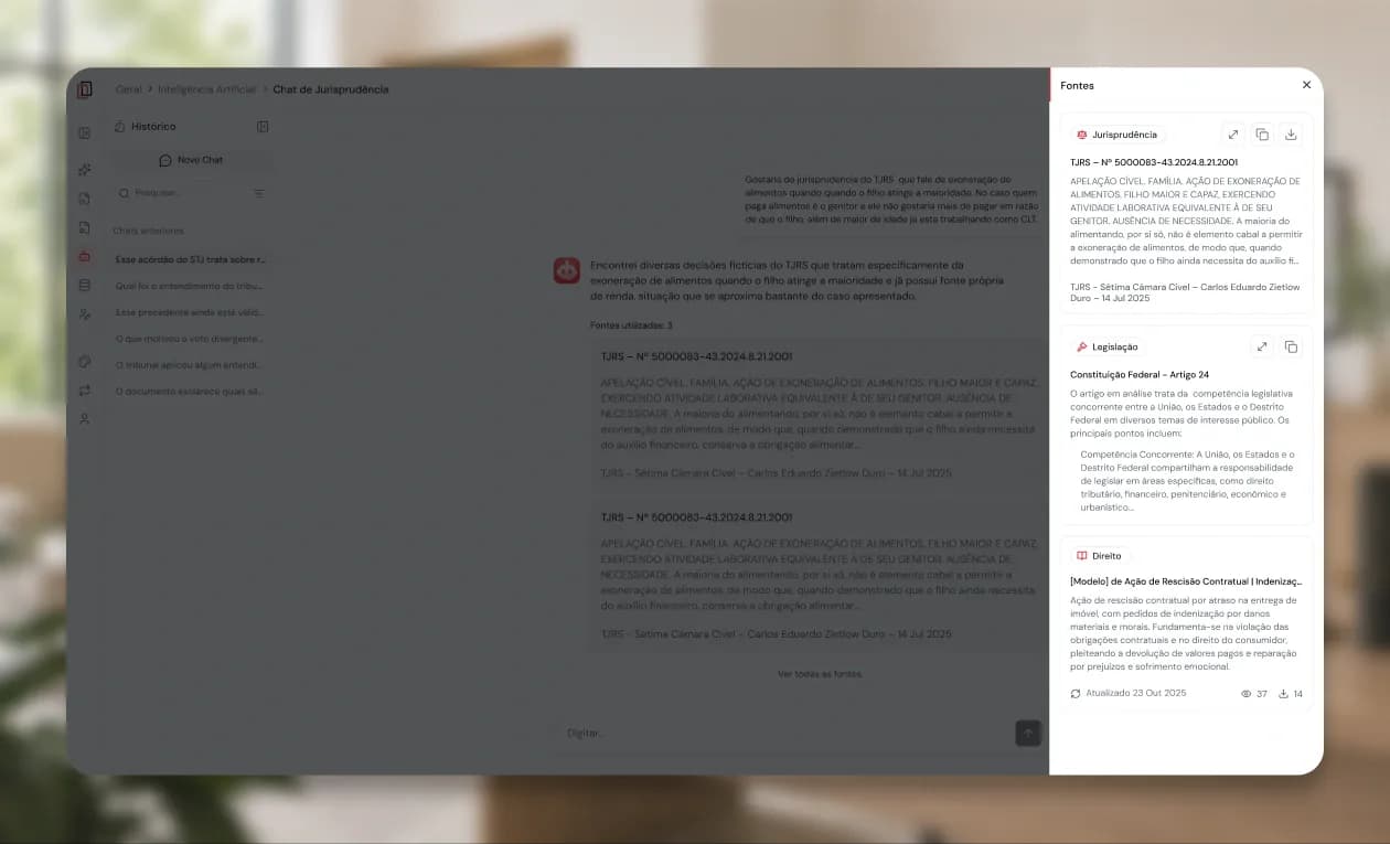 Chat de jurisprudência do JusDocs exibindo detalhes sobre o entendimento de um tribunal