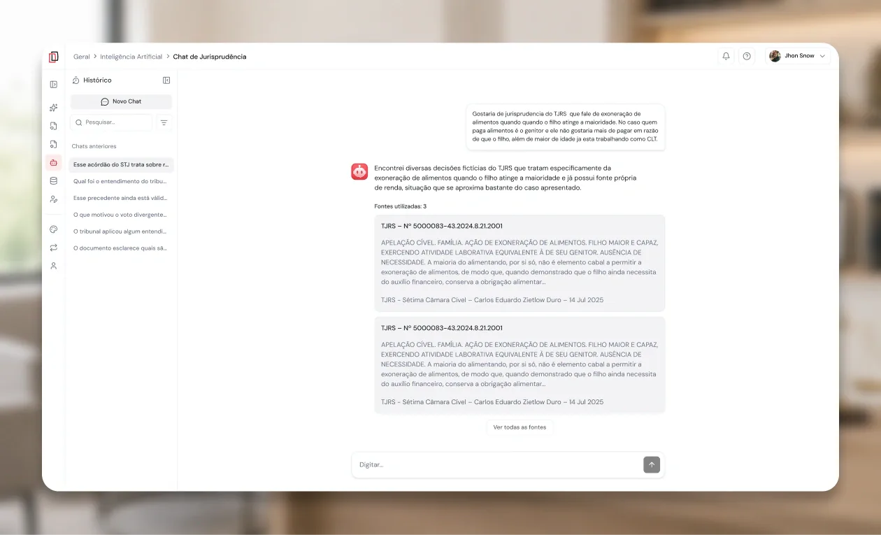 Chat de jurisprudência do JusDocs exibindo decisões extraídas dos tribunais