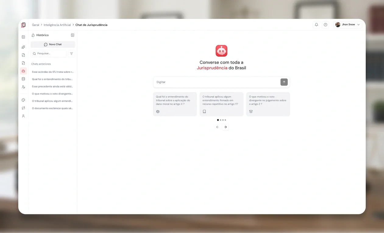 Chat de jurisprudência do JusDocs pronto para receber uma nova pesquisa