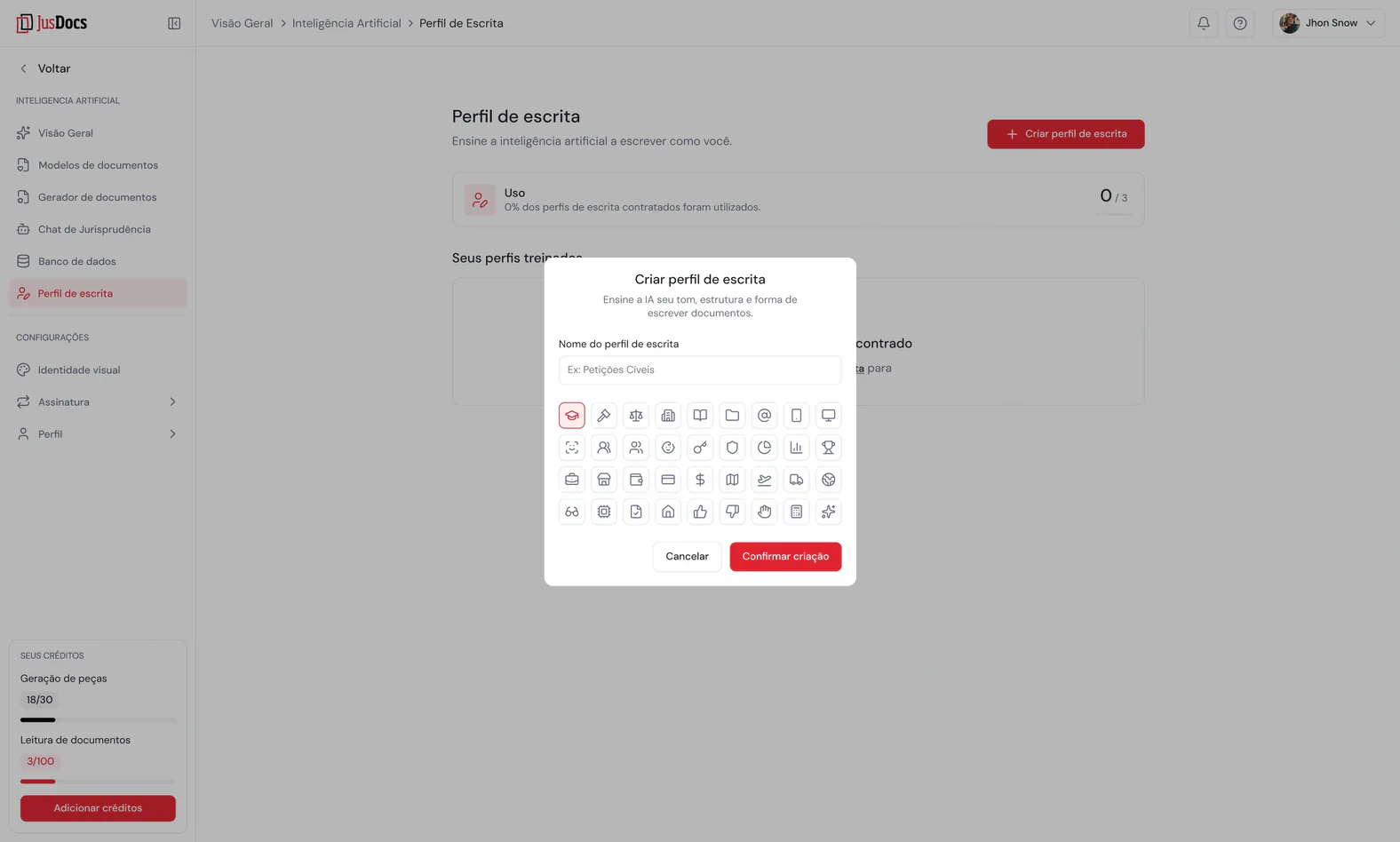 Tela do JusDocs para criar e personalizar um perfil de escrita