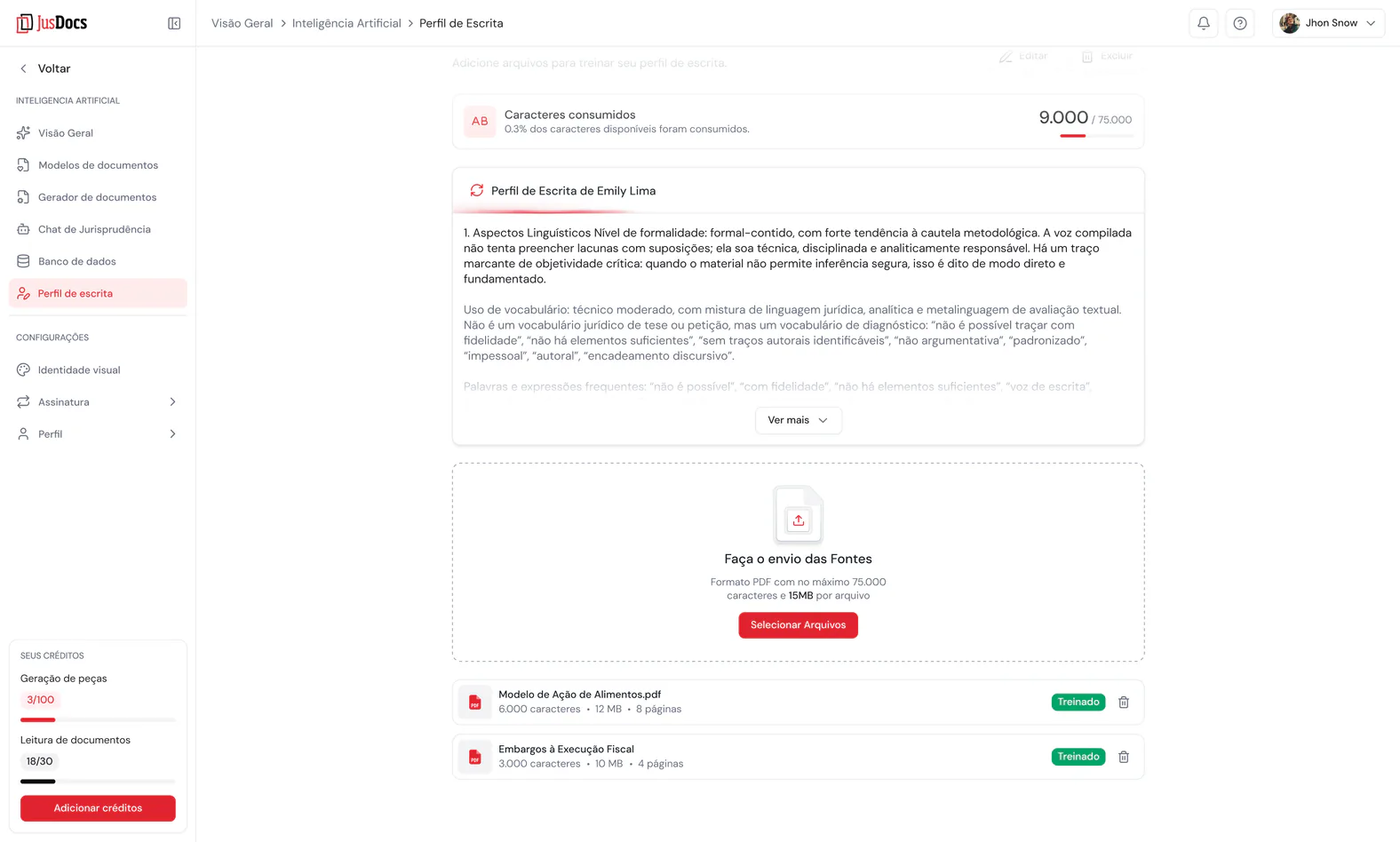 Tela do JusDocs para revisar os arquivos de um perfil de escrita