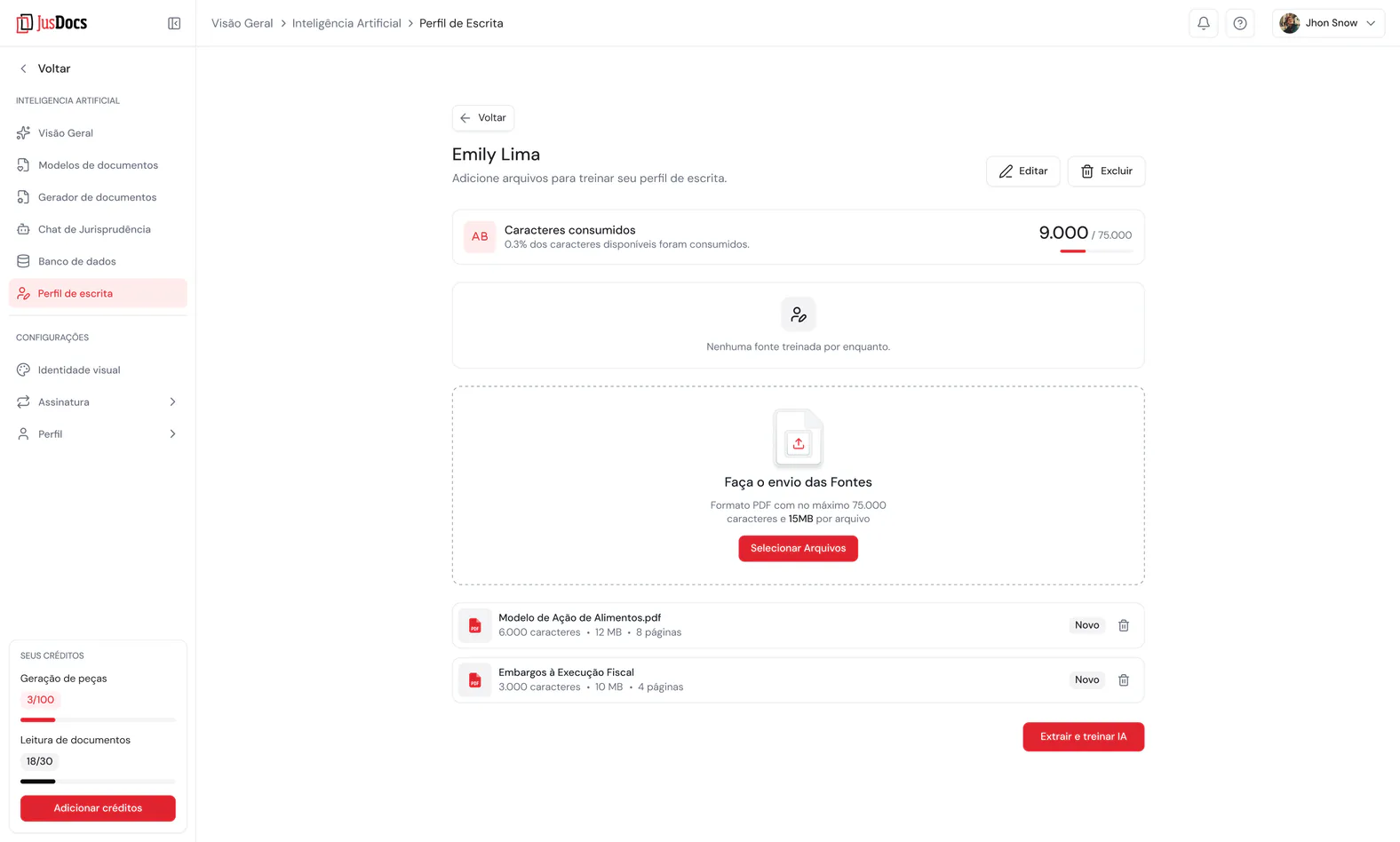 Tela do JusDocs para enviar arquivos a um perfil de escrita
