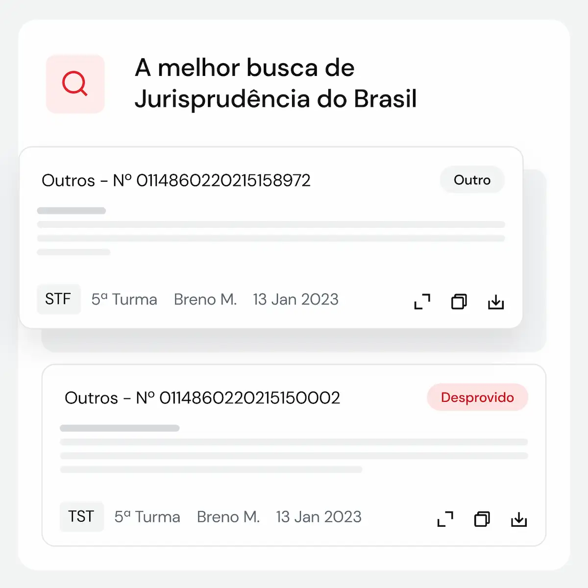 Imagem de interface de usuário exibindo uma busca de jurisprudência no Brasil, com resultados detalhados de casos, filtros de tribunais e uma seção mostrando a probabilidade de êxito em percentuais.