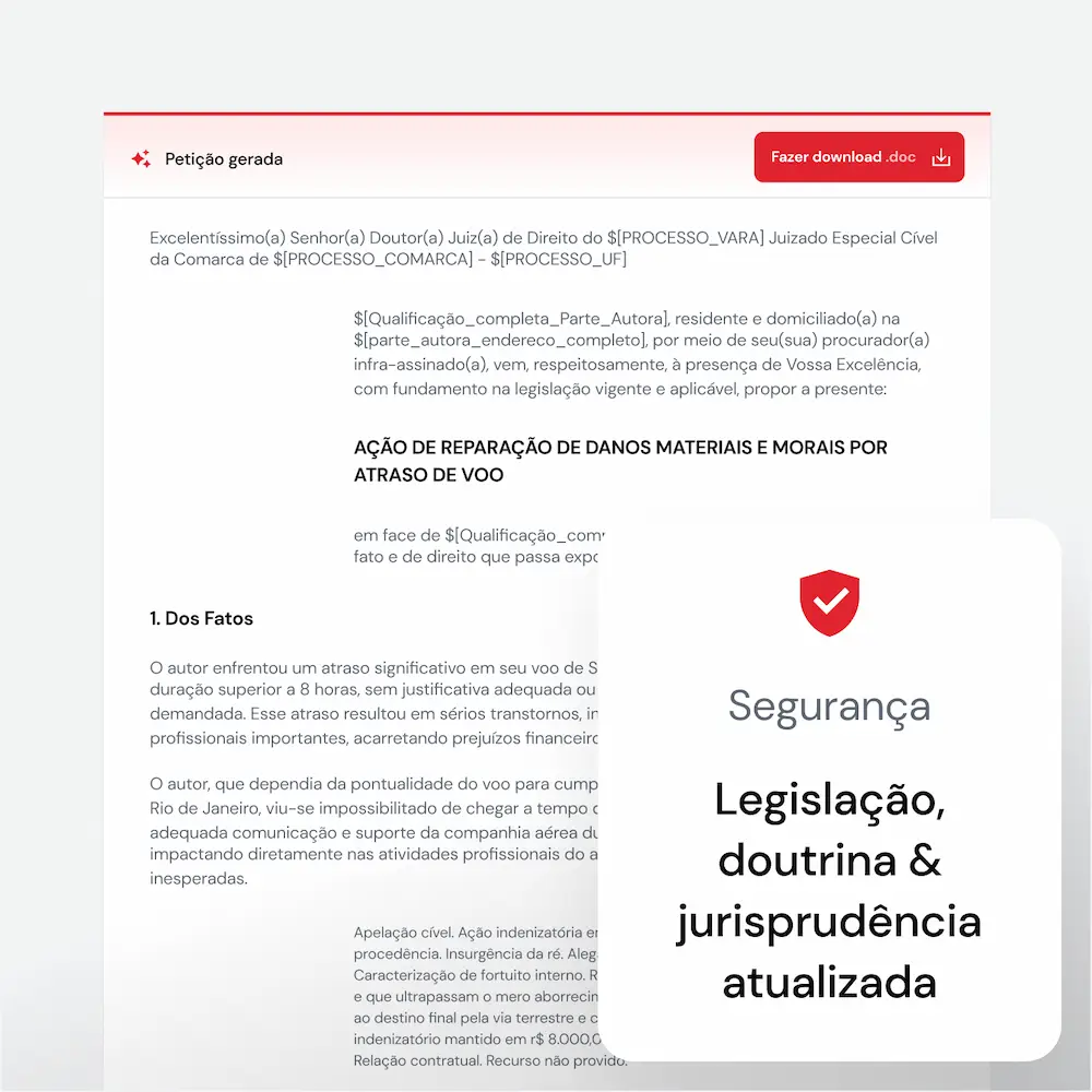 A imagem mostra uma interface de geração de petições iniciais com destaque para a segurança, legislação, doutrina e jurisprudência atualizada, oferecendo opções para download em formatos .doc