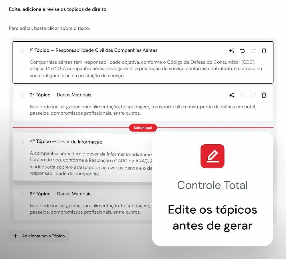 A imagem mostra uma interface de usuário onde é possível editar, adicionar e revisar tópicos de direito. A interface inclui uma lista de tópicos numerados, cada um com botões para reorganizar, desfazer, refazer e excluir. Na parte inferior esquerda, um ícone de lápis e texto indicam que os usuários têm “Controle Total - Edite os tópicos antes de gerar”.