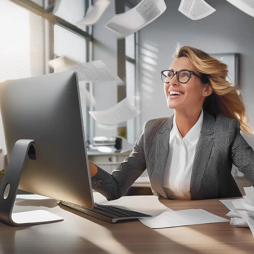 Uma mulher sorridente em um escritório moderno, sentada em frente a um computador, com papéis flutuando ao redor.