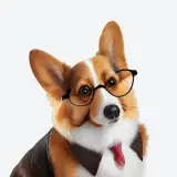 Mascote JusDocs - um cachorro da raça Welsh Corgi Pembroke, sentado de óculos e gravata vermelha